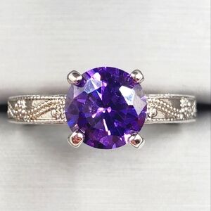 Round Amethyst Simulant Rhodium Plated Silver Tone Solitaire Ring
